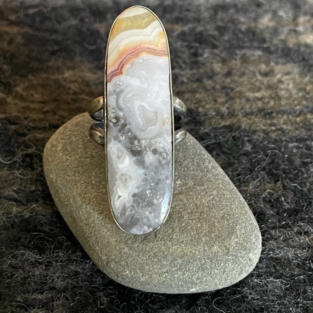 Navajo Kathleen & Veronica Scott Long Lace Agate Sterling Ring Heavy 10g